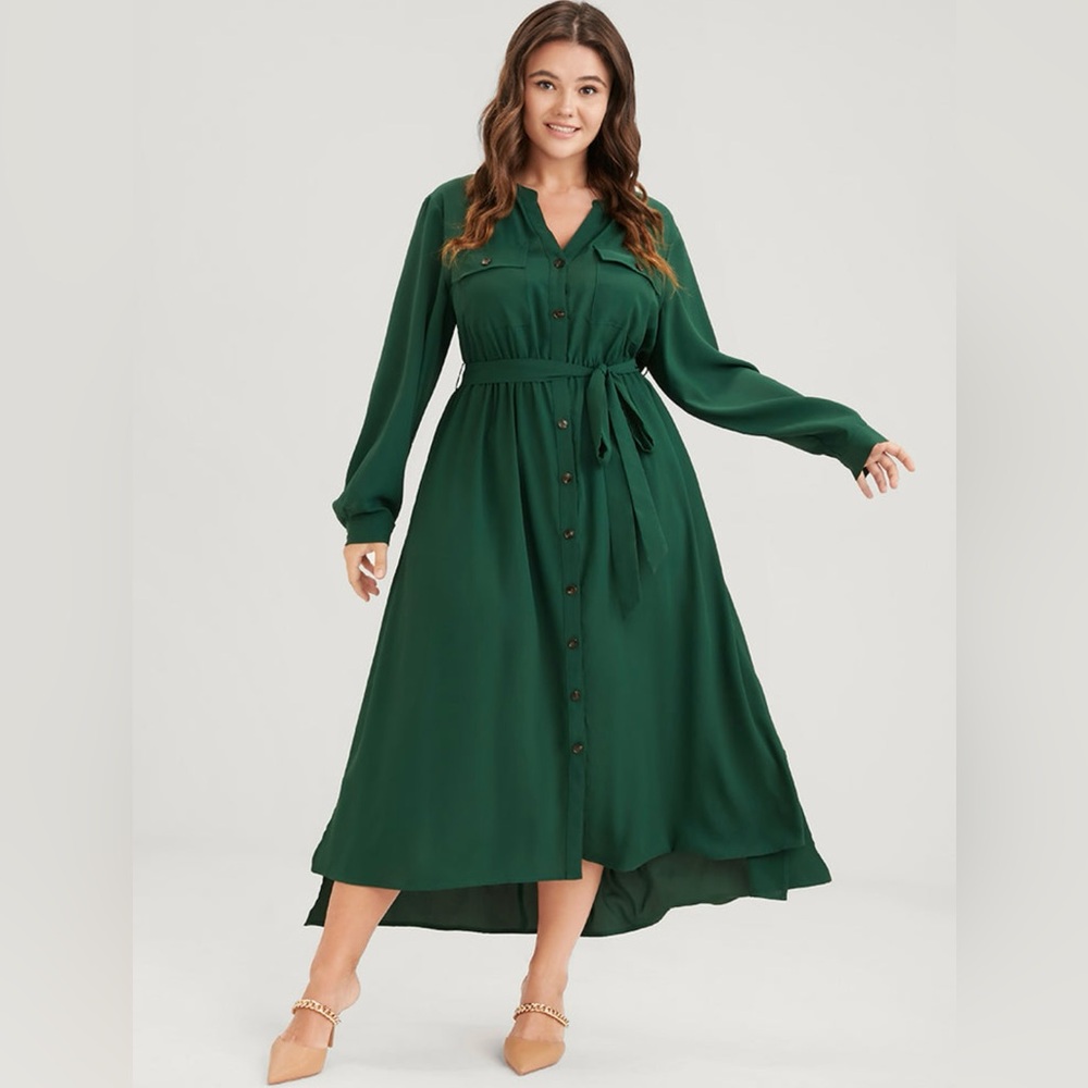 Solid V Neck Pocket Button Belted Dress - Women’s